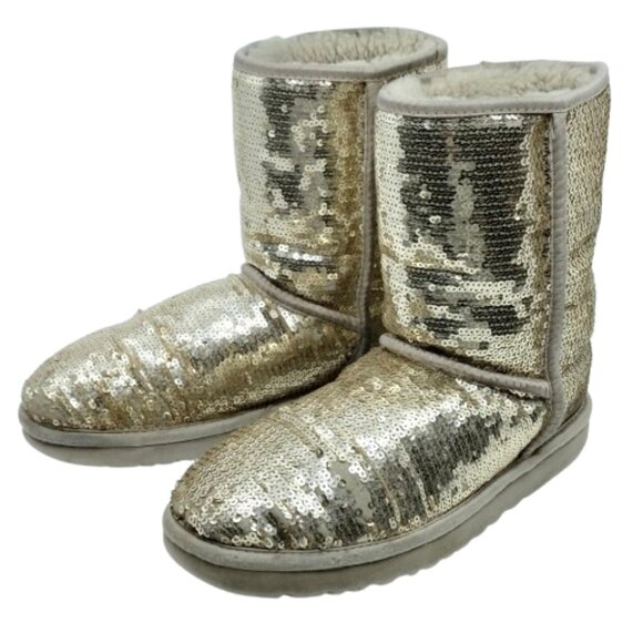 UGG Women's Classic Short~Mid-Calf Sheepskin Boots GRAY w GOLD SEQUINS Size 8 - Picture 1 of 6